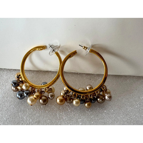 KJL Kenneth Jay Lane Earrings Gold Tone Hoop Faux Pearl Dangle Multicolor - Picture 1 of 5